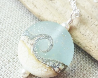 Small Beach Wave Necklace, Sea Glass Lampwork Pendant, Ocean Jewelry, Beach Jewelry, Gift for Her, Beach Wedding, Gifts, Christmas Gift
