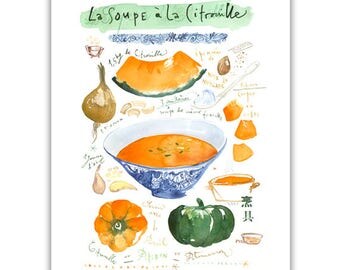 Pumpkin soup illustrated recipe watercolor painting, Orange Kitchen art, Home decor, Food artwork, Squash soup, Vegetable illustration print