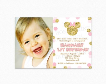 Pink and Gold Minnie Mouse Birthday Party Invitation, Gold Minnie Mouse, Gold Glitter, Polka Dots, 1st Birthday, Girl, Printable or Printed