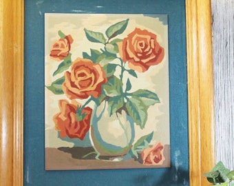 Paint by Number Roses in Oak Frame, Vintage PBN