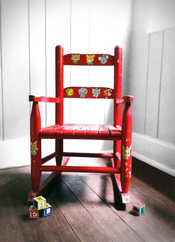 Vintage Red Children's Rocking Chair with Woodland Nursery