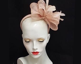 Nude pink fascinator sinamay bows plus feathers headband fixing weddings races hat
