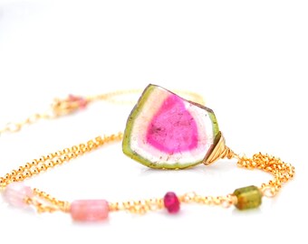 Watermelon Tourmaline Necklace, Large Pink & Green Watermelon Tourmaline Slice Necklace, Luxe Gold Tourmaline Crystal Pendant, Gift For Mom