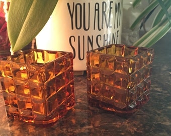 Vintage Square - Block Amber Votive Candle Holders - Set of Two