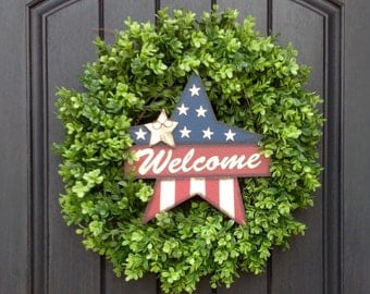 Summer Wreath-July Fourth-Memorial Day-Patriotic-Door-Stars-Stripes-Flag-Indoor/Outdoor Decoration-REMOVABLE Sign-Boxwood-Two In One Wreath