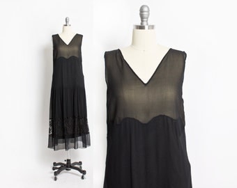 Vintage 1920s Dress - Black Silk Chiffon Lace Illusion Flapper 20s - X Small