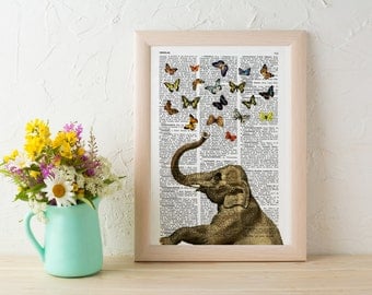 Summer Sale Elephant in love counting butterflies book print - Elephant in love collage Printed on book page ANI088b
