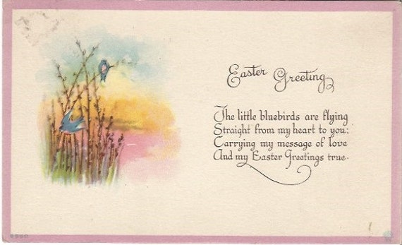 Bluebirds Perched on Pussy Willows Springtime EASTER Greeting Vintage Postcard