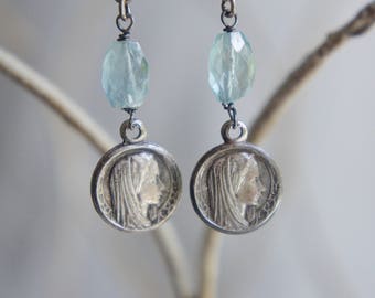 Assemblage earrings vintage religious medals aquamarine gemstone blue earrings assemblage jewelry F600-by French Feather Designs.
