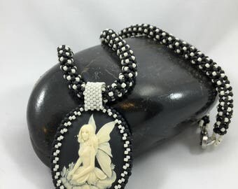 Fairy Cameo Necklace, Woven Bead Necklace, Bead Wrapped Cabochon, Beaded Rope, Women's Gifts, Women's Jewelry, Gifts for Her, Nickel Free