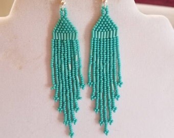 Native American Style Seed Bead Earrings, Turquoise 4 inch Brick Stitch Gypsy, Boho, Southwestern, Tribal, Peyote, Hippie Ready to Ship