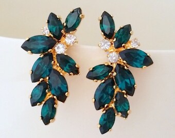 Emerald earrings,Emerald bridal earrings,Statement stud earrings,Large earring,Cluster earring,Swarovski earring,crystal earring,Bridesmaids