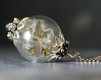 Real Dandelion Seeds antique style glass orb, handblown, with long necklace