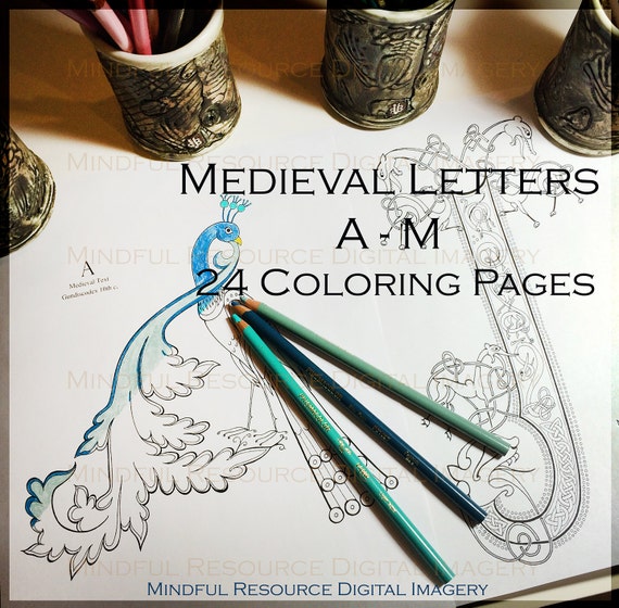 Printable Coloring Pages Medieval Alphabet A-M Adult Colouring