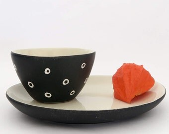 Set of ceramic bowl and plate satin black and beige, perfect for serving tea, hand painted, made in france,fine,unique,original gift