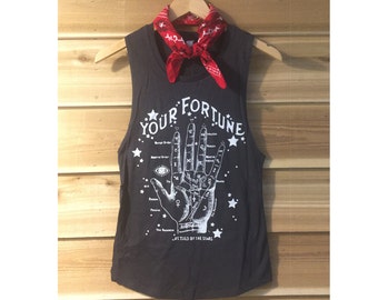 Womens FORTUNE Teller Palm Reader Tarot Card Boho Bohemian Gypsy Gray Black Muscle Tee Tank Boho Top, S M L XL