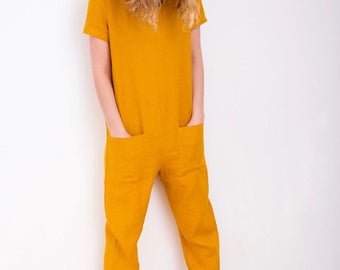 Mustard Linen Jumpsuit - Short Sleeve Jumpsuit - Women Overall - Linen Overall - Linen Romper - Handmade by OFFON