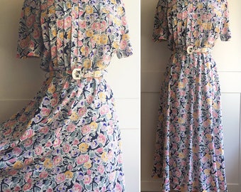 1980s Does 1940s Floral Day Dress, Liz Claiborne Dresses Label Spring Summer Floral Dress with Matching Belt