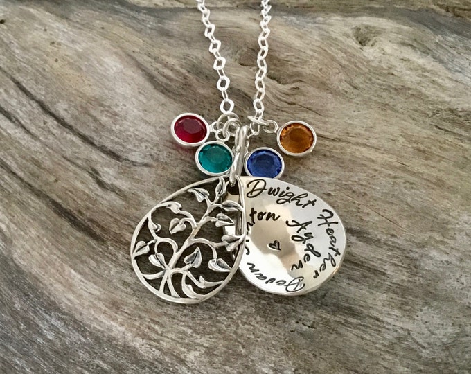 Personalized Mom Necklace - Custom Hand Stamped Teardrop Tree Locket Silver Pendant with Birthstone Crystals - Mothers Day Gift