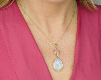 Custom Birthstone Necklace, Bridesmaid necklace, moonstone necklace, large pendant necklace, bezel stone necklace, natural gemstone jewelry