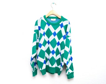 90s Geometric Diamond Patterned Pullover Sweater Slouchy Size XL