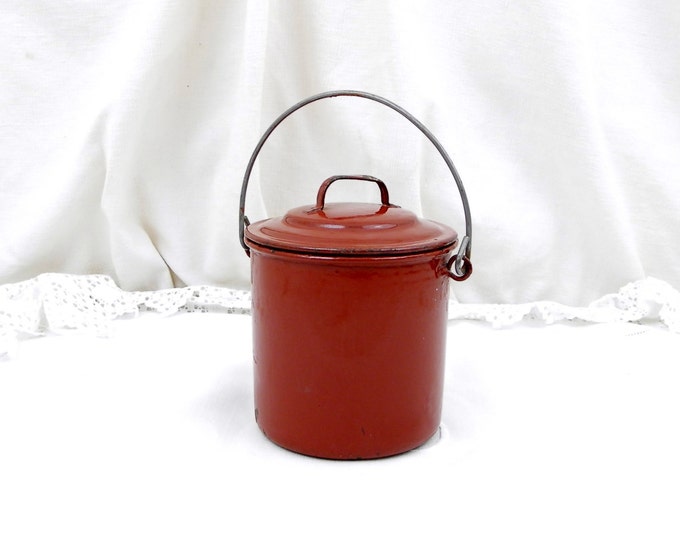 Antique French Chocolate Brown Enamelware Metal Lunch Pail, French Country Decor, Retro Home, Tin Box, Picnic Box, Vintage Camping, Prop