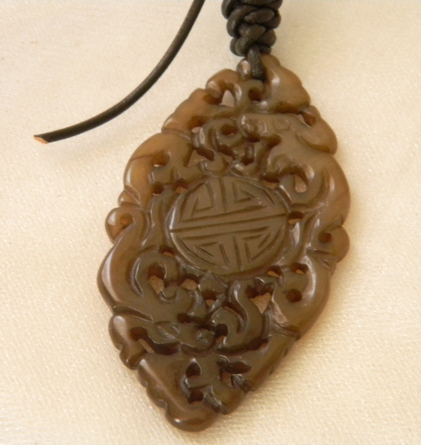 Brown oblong jade pendant w leather cord necklace beaded