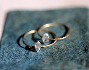 Delicate Gold Ring With Double Point Quartz, 14K Solid Gold, Gift Under 100