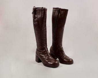 60s leather knee high boots / lace up boots / retro boots / mod boots / 6 - 36 / brown leathers boots / 60s boots / fur lined boots