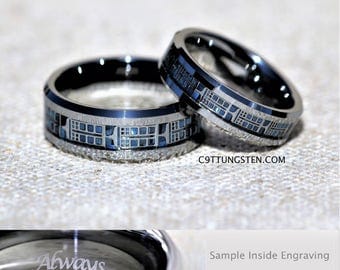 6mm and 8mm doctor who inspired tardis tungsten wedding set free inside engraving - Doctor Who Wedding Ring 6mm and 8mm doctor who inspired tardis tungsten wedding set free inside engraving - Doctor Who Wedding Ring