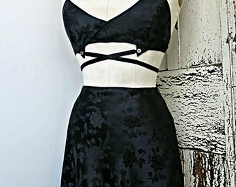 Vintage lingerie 1930s black silk satin floral jacquard wrap bra & tap pants, faithfully reproduced handmade set, 34B bra, 30" waist