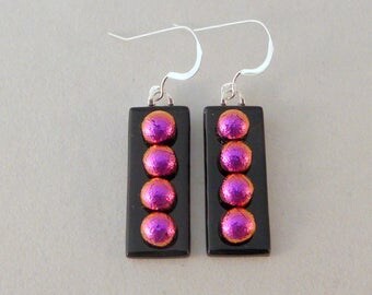 Pink and Black Dichroic Fused Glass Dangle Earrings, Dichroic, Fused Glass Earrings, Fused Glass, Dangle, Pink Earrings, Pink, Black