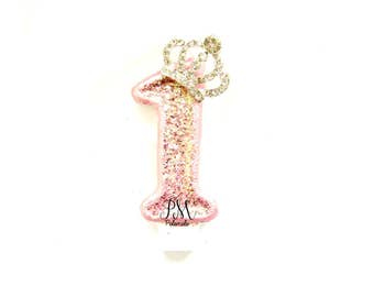Pink Glitter Crown Number 1 Birthday Candle - glitter birthday candle, first birthday candle, custom number candle, princess candle