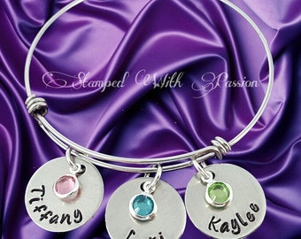 Mother's Bracelet, Custom Hand Stamped, Grandmother's Bracelet, Birthstone Bracelet, Bangle Bracelet, Mother, Mothers Gift, Grandmother Gift