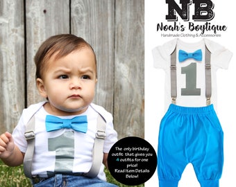 Baby Boy First Birthday Outfit - Grey and Blue Mint - Boys First - Birthday Clothes - Birthday Shirt - Suspenders Bow - Green - 1st - Aqua
