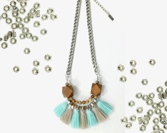 Turquoise fringe necklace, minth necklace, tribal beige necklace, tassels necklace, grey turquoise necklace.