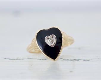 Heart Shaped Black Onyx Ring | Art Deco Ring | 10k Yellow Gold Ring | Gemstone Ring | Romantic Jewelry Gifts For Her | Sweet 16 | Size 8.25
