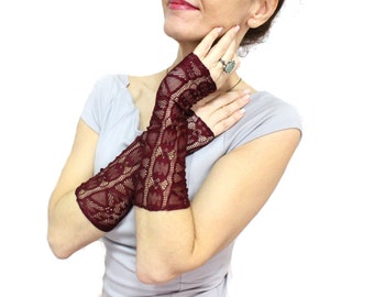 Burgundy lace gloves, Lace fingerless gloves mittens cuff, Steampunk gloves, Bellows Glove