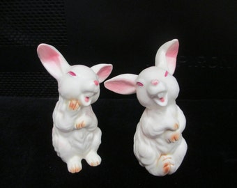 Vintage Lefton Bunny Set, Japan Pink Squint Eyes Happy Bunnies, 1960s White Porcelain Rabbit Figurines, Unusual Easter Decor