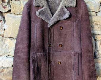 Genuine leather coat brown sheep fur coat vintage man's sheep fur coat man shearling coat soviet sheep coat mans genuine leather winter coat