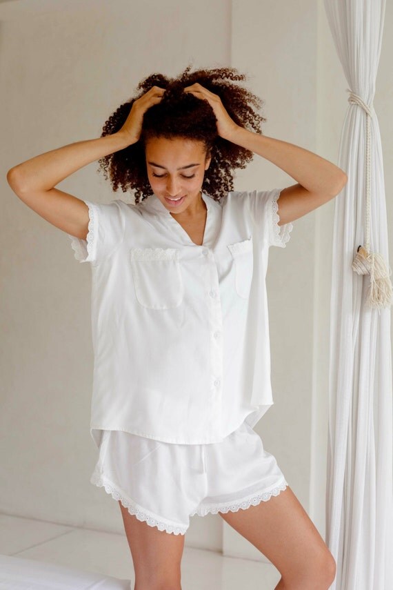 Maggie Pajama Set BRIDAL Plain Ivory with Cotton Lace