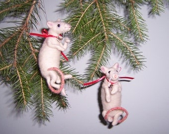 Needle Felted Wool 'Christmas Mice' Pair Ornaments