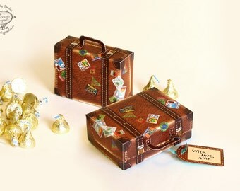 Printable DIY Travel Suitcase Paper Gift Box / Favor Box | Brown Leather Design | Papercraft A4 / letter pdf template digital download