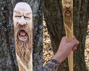 Walking stick, Wood Carving, Handmade Sculpture, Hiking Stick, Wood Spirit, Wood Art, Wood Gift for Him or Her, Handmade Woodworking, OOAK