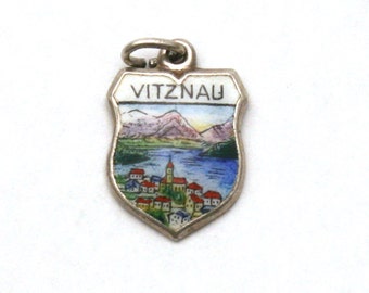 Vitznau Switzerland Enamel Travel Shield Vintage 800 Silver Bracelet Charm
