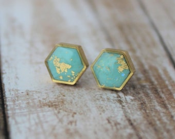 Turquoise and Gold Hexagon Stud Earrings, Turquoise Studs, Turquoise and Gold Studs, Polymer Clay Earrings