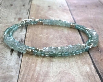 Genuine Aquamarine Bracelet, Sterling Silver Gemstone Jewelry, Hill Tribes Silver Double Wrap Bracelet, Blue Green Apatite Bead Jewelry