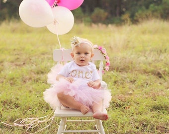 First Birthday Outfit Girl - 1st Birthday Outfit - Pink and Gold - Tutu - Gold Cake Topper - 1st Birthday - Cake Smash - First Birthday