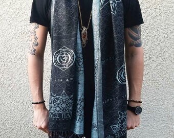 DIVINITY Series // Festival Shawl/Scarf // Metallic Steel Blue/Black // Sacred Geometry // Eye of Horus // Third-eye Chakra // Unisex
