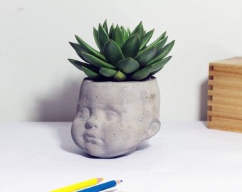 Large Concrete Dolls Head Planter Desk Organizer